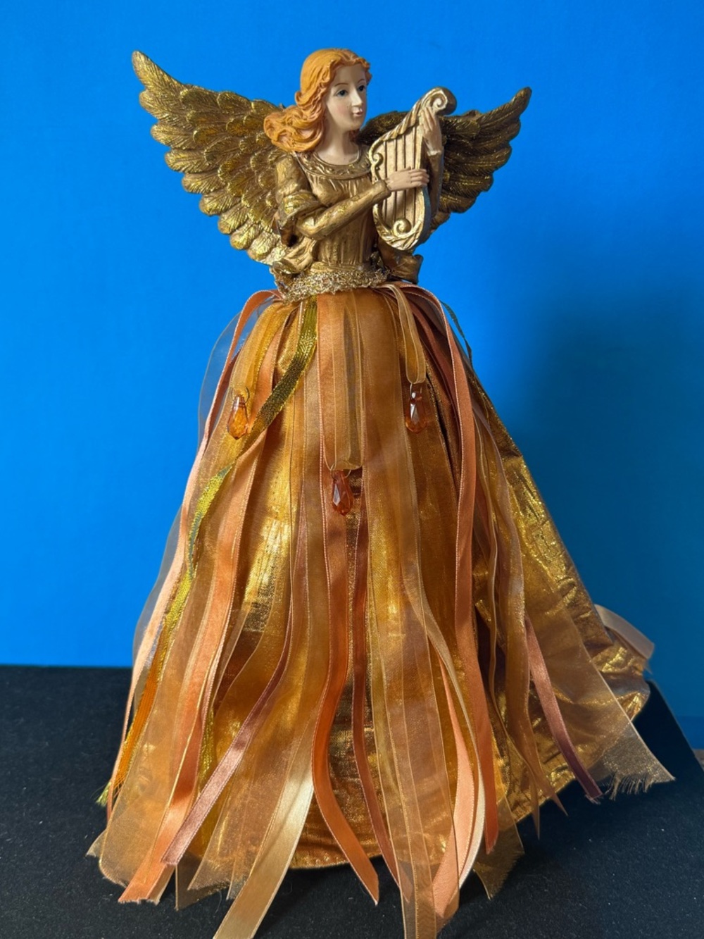 Saint Nicholas Square Golden Angel Figurine with Harp with music box